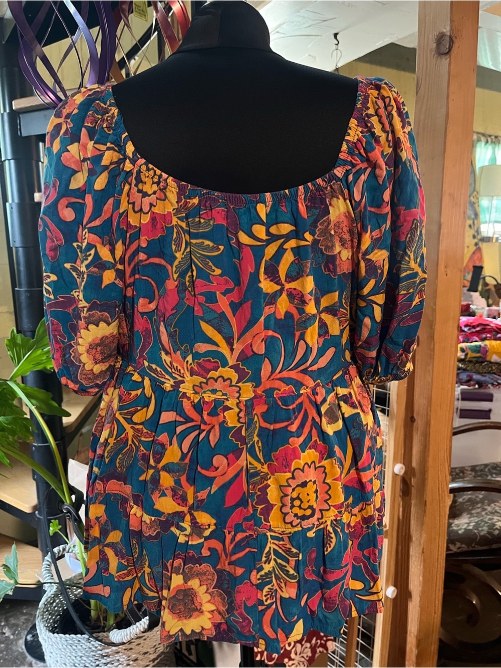 Terra & Sky Teal Floral Peasant Tunic with Rust & Mustard Accents